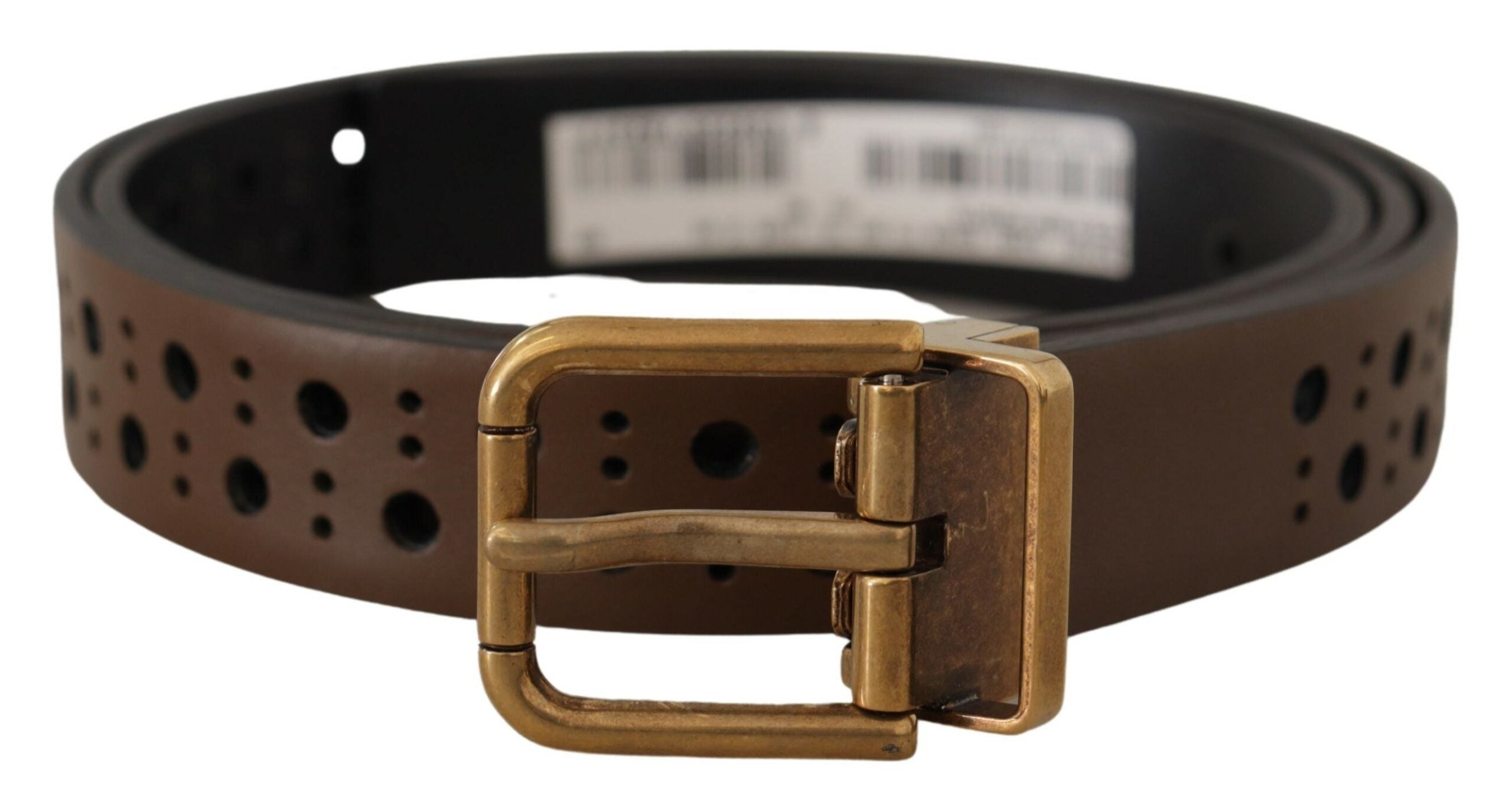 Brown leather perforated crown belt by Dolce & Gabbana, featuring detailed perforations and a polished buckle.