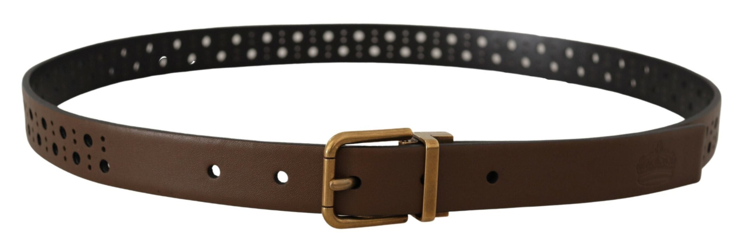 Brown leather perforated crown belt by Dolce & Gabbana with metal buckle and detailed perforation pattern.