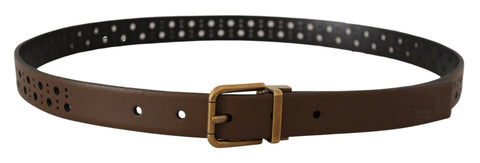 Brown leather perforated crown belt by Dolce & Gabbana with metal buckle and detailed perforation pattern.