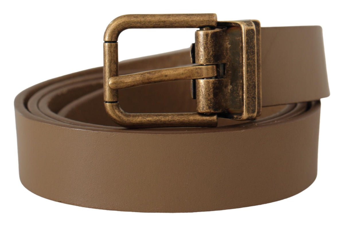 Brown solid leather belt with brass buckle, classic design by Dolce & Gabbana, featuring smooth leather and sturdy metal hardware.