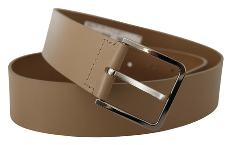 Beige calf leather wide belt with silver metal buckle by Dolce & Gabbana, shown on a plain background.
