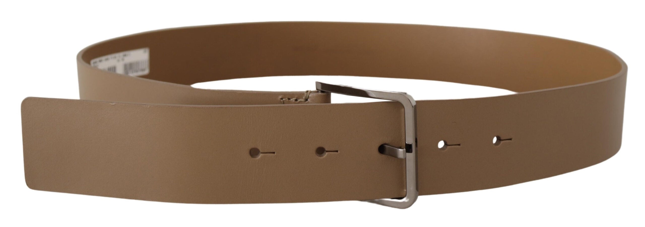 Beige calf leather wide belt with silver metal buckle from Dolce & Gabbana, featuring a stylish and polished design.