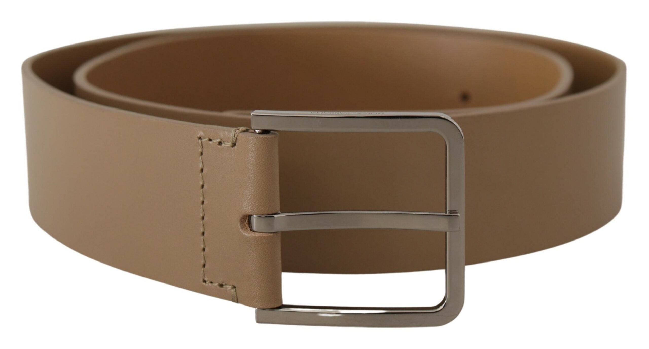 Beige calf leather wide Dolce & Gabbana belt with silver metal buckle and details, stylish accessory for modern outfits.