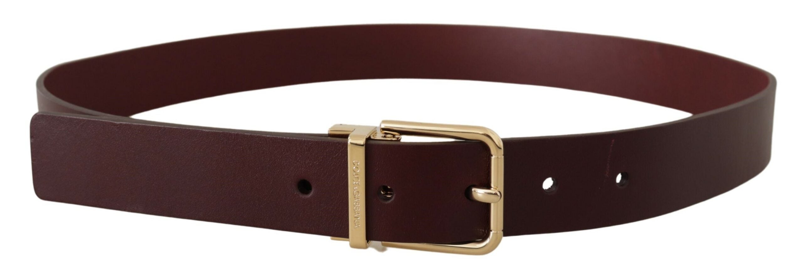 Maroon Vitello leather belt with gold metal buckle by Dolce & Gabbana, featuring a sleek and stylish design.