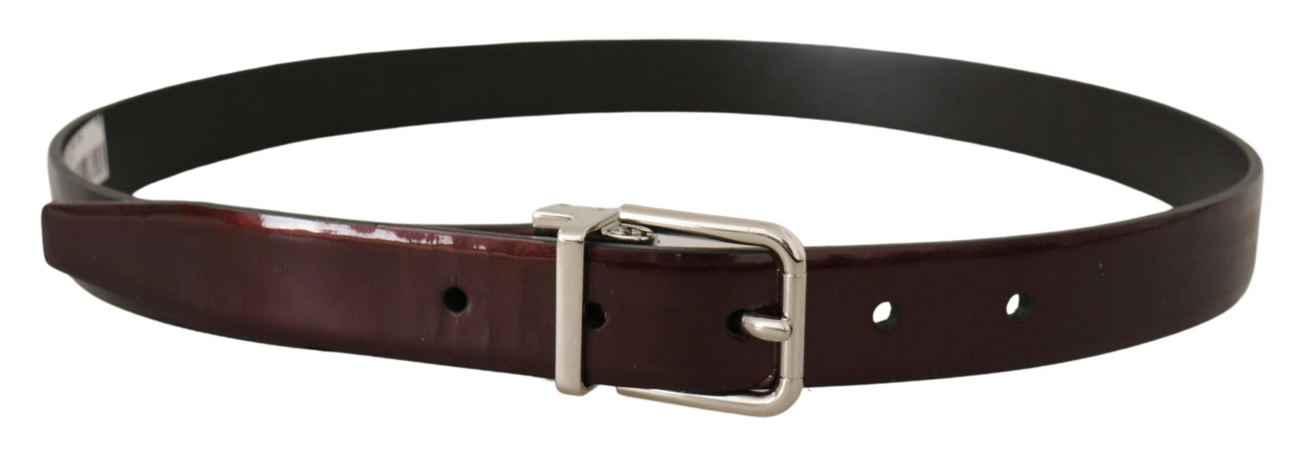 Brown patent leather belt with silver metal buckle from Dolce & Gabbana, shown with close-up of textured leather and sleek buckle detail.