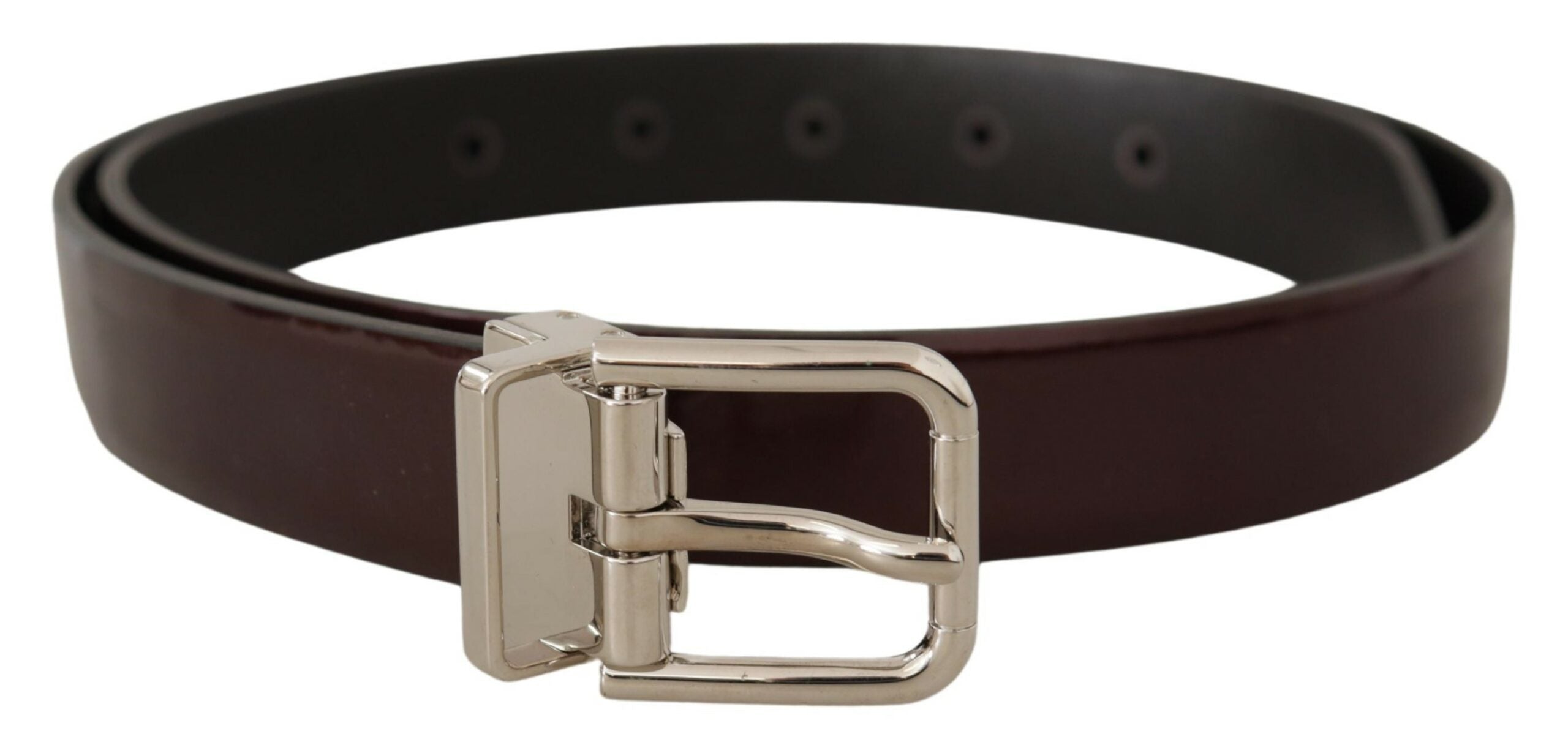 Brown patent leather belt with silver metal buckle from Dolce & Gabbana, shown with close-up of the buckle and textured leather strap.