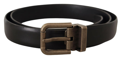Black calf leather belt with brushed brass box buckle from Dolce & Gabbana, featuring a sleek, stylish design.
