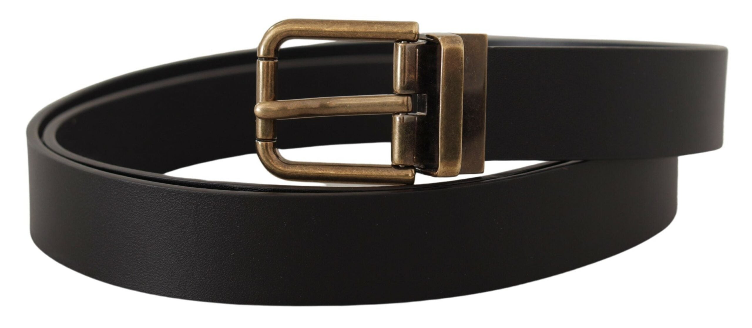 Black leather belt with brass metal box buckle from Dolce & Gabbana, featuring a sleek and stylish design.