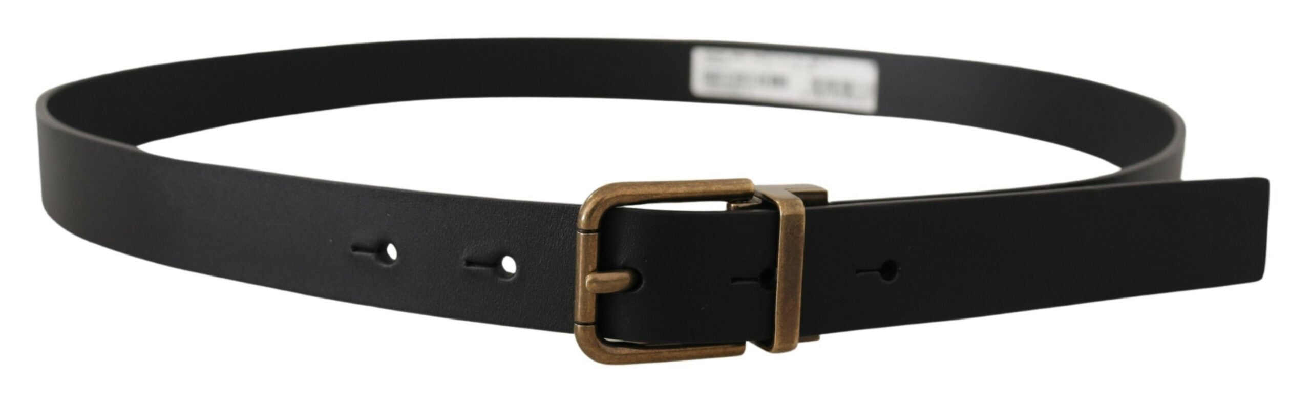 Black leather belt with brass metal box buckle by Dolce & Gabbana, featuring a sleek and stylish design with detailed craftsmanship.