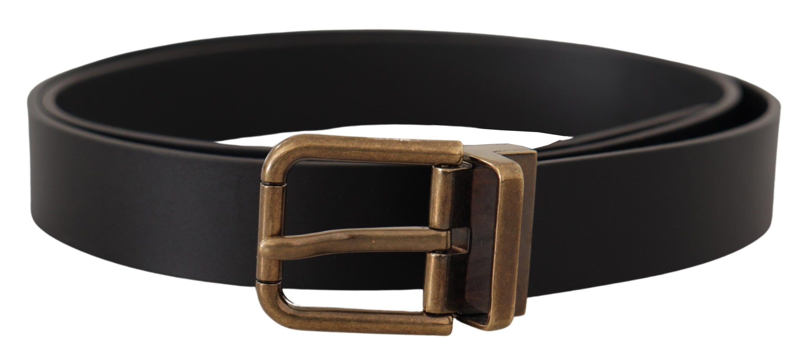Black leather belt with brass metal box buckle from Dolce & Gabbana, featuring a sleek and stylish accessory for men.