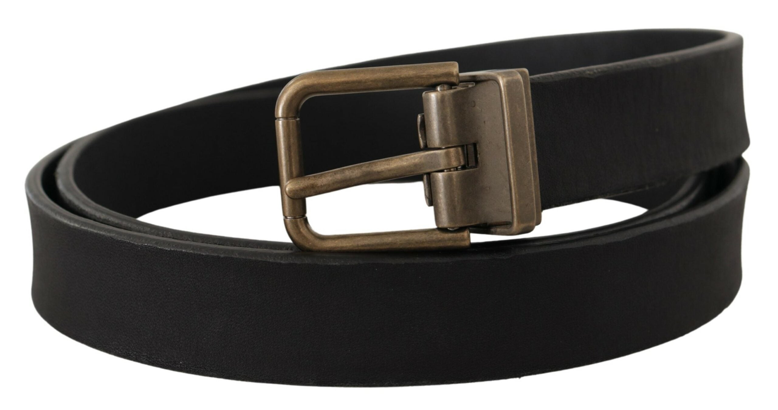 Black leather belt with brass metal grain buckle by Dolce & Gabbana, featuring a classic design and smooth leather finish.