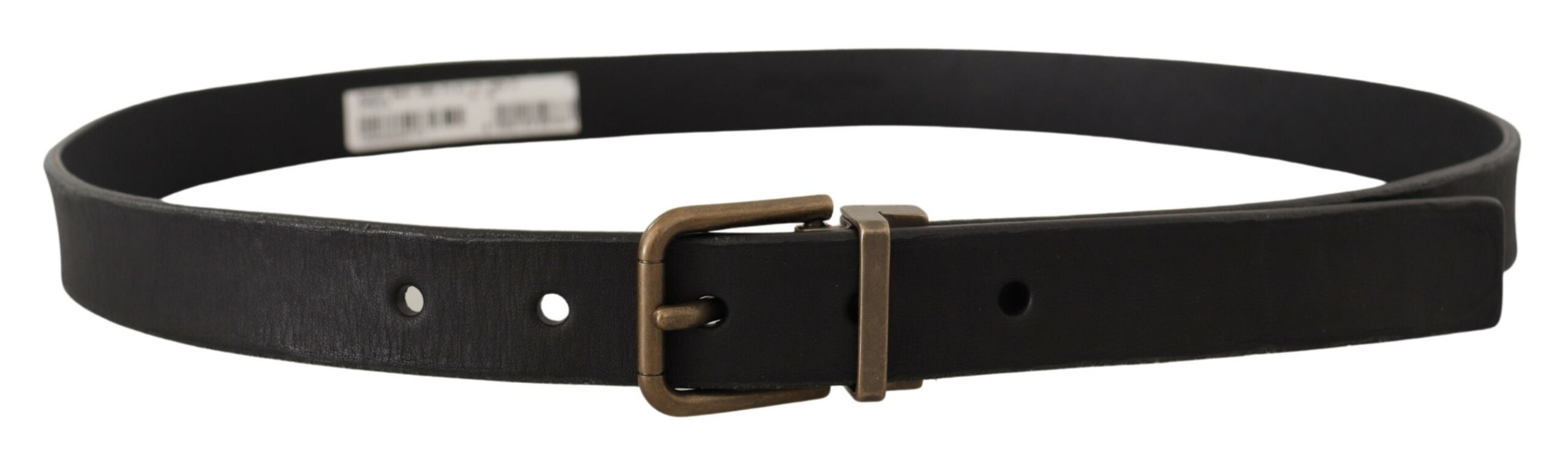 Black leather belt with brass metal grain buckle from Dolce & Gabbana, featuring a classic design and smooth finish.