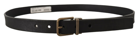 Black leather belt with brass metal grain buckle from Dolce & Gabbana, featuring a classic design and smooth finish.