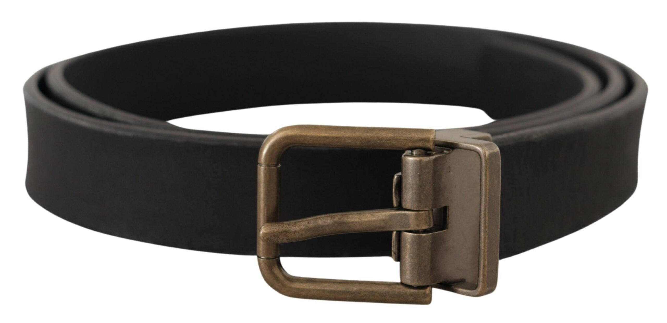 Black leather belt with brass metal grain buckle from Dolce & Gabbana, featuring a classic design and polished finish.