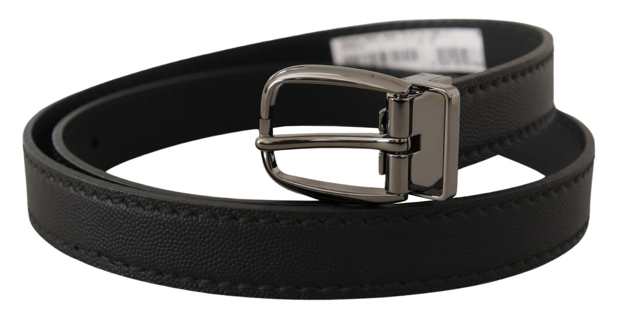 Black leather belt with metal logo buckle from Dolce & Gabbana, featuring a sleek design and adjustable strap.