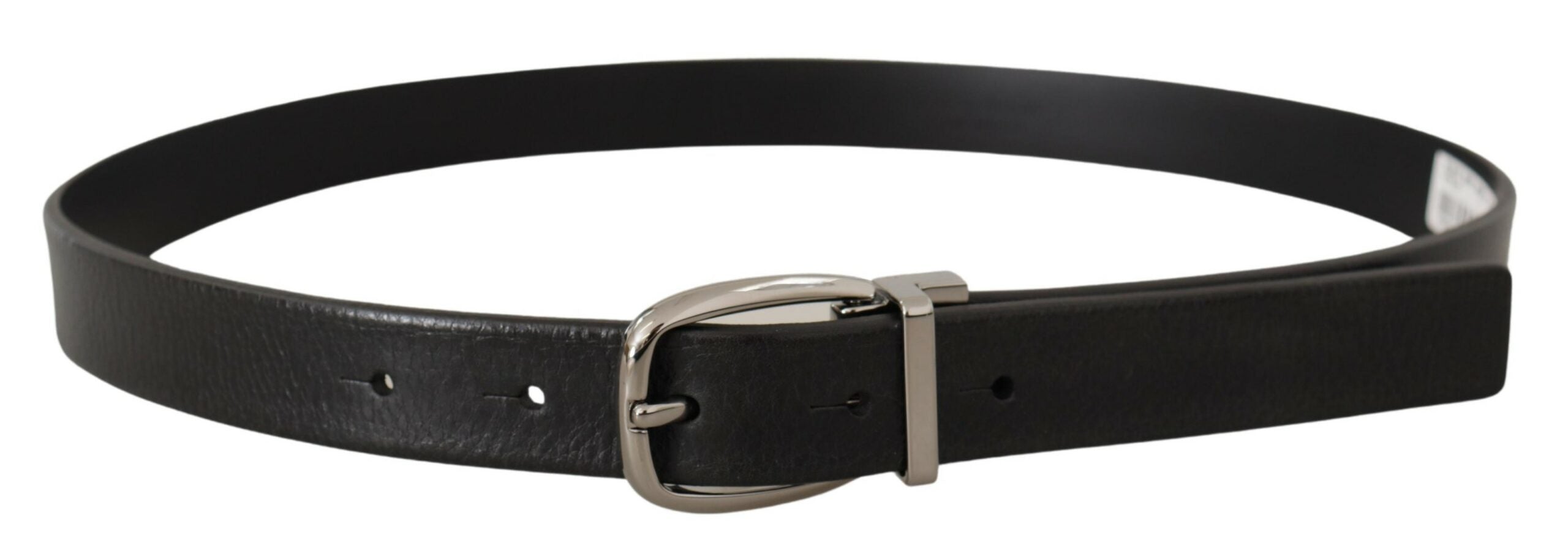 Black leather belt with silver chrome metal logo buckle by Dolce & Gabbana, featuring a sleek and stylish design.