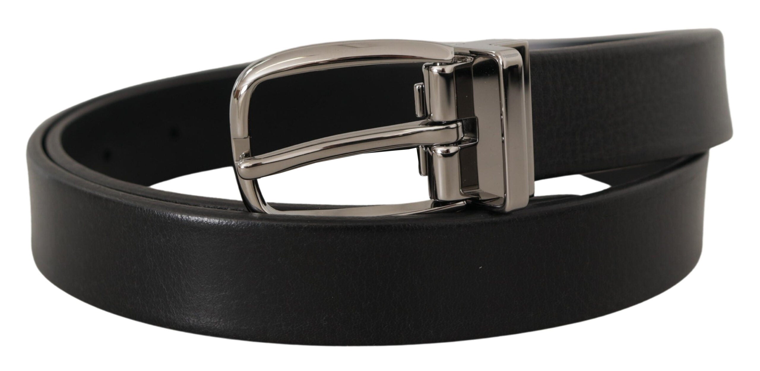 Dolce & Gabbana black leather belt with silver chrome metal logo buckle, stylish accessory with adjustable fit.