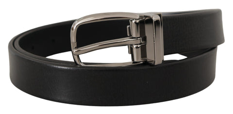 Dolce & Gabbana black leather belt with silver chrome metal logo buckle, stylish accessory with adjustable fit.