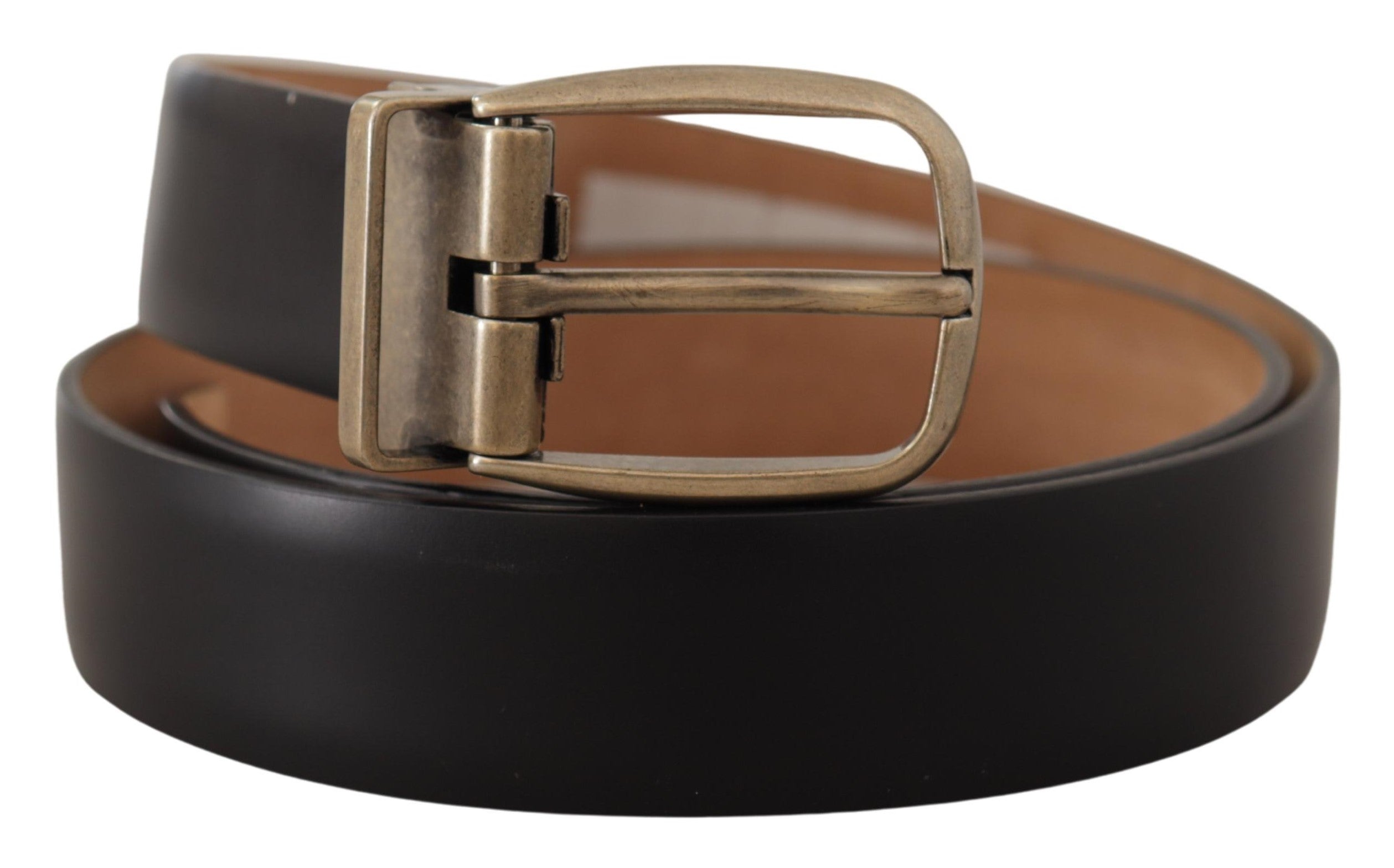 Black and brown vintage leather belt with metal buckle from Dolce & Gabbana, featuring a classic design and authentic craftsmanship.