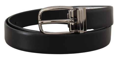 Dolce & Gabbana black leather belt with silver metal chrome logo buckle, stylish accessory for men or women.