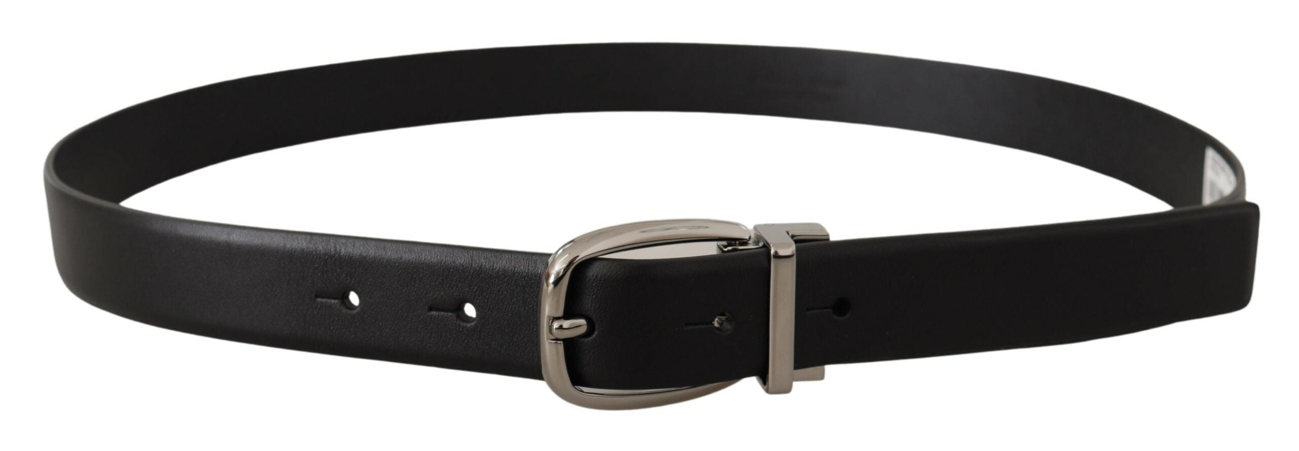 Black leather belt with silver metal chrome logo buckle from Dolce & Gabbana, showcasing the stylish design and high-quality craftsmanship.
