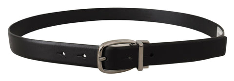Black leather belt with silver metal chrome logo buckle from Dolce & Gabbana, showcasing the stylish design and high-quality craftsmanship.
