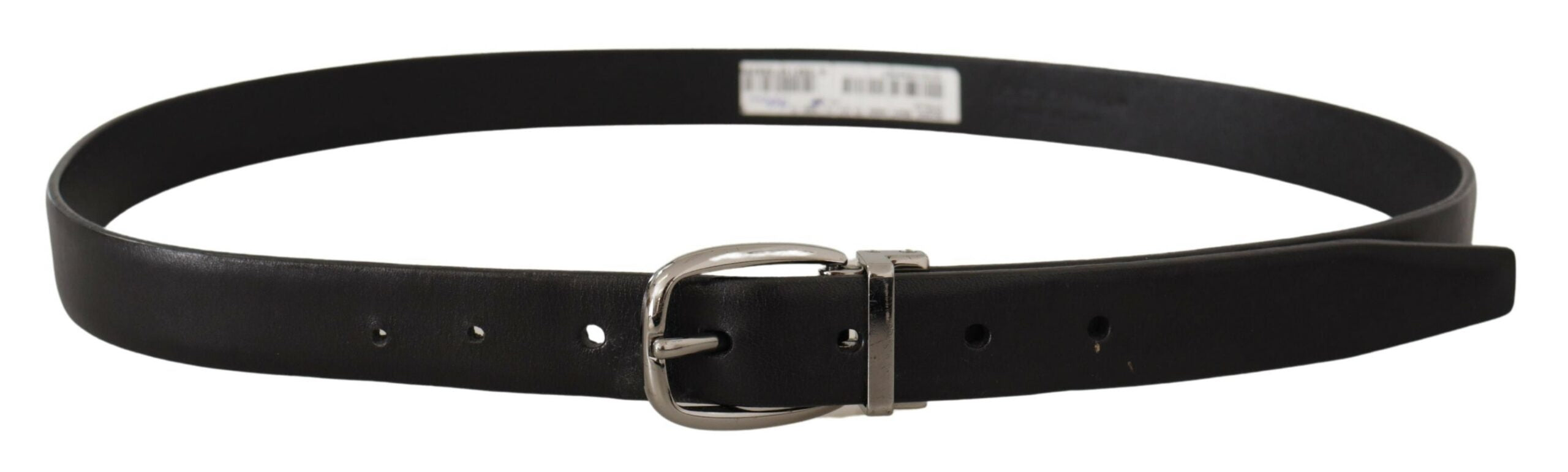 Black leather belt with chrome logo metal buckle by Dolce & Gabbana, featuring a sleek and stylish design.