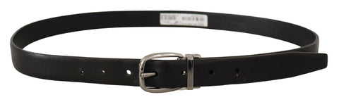 Black leather belt with chrome logo metal buckle by Dolce & Gabbana, featuring a sleek and stylish design.