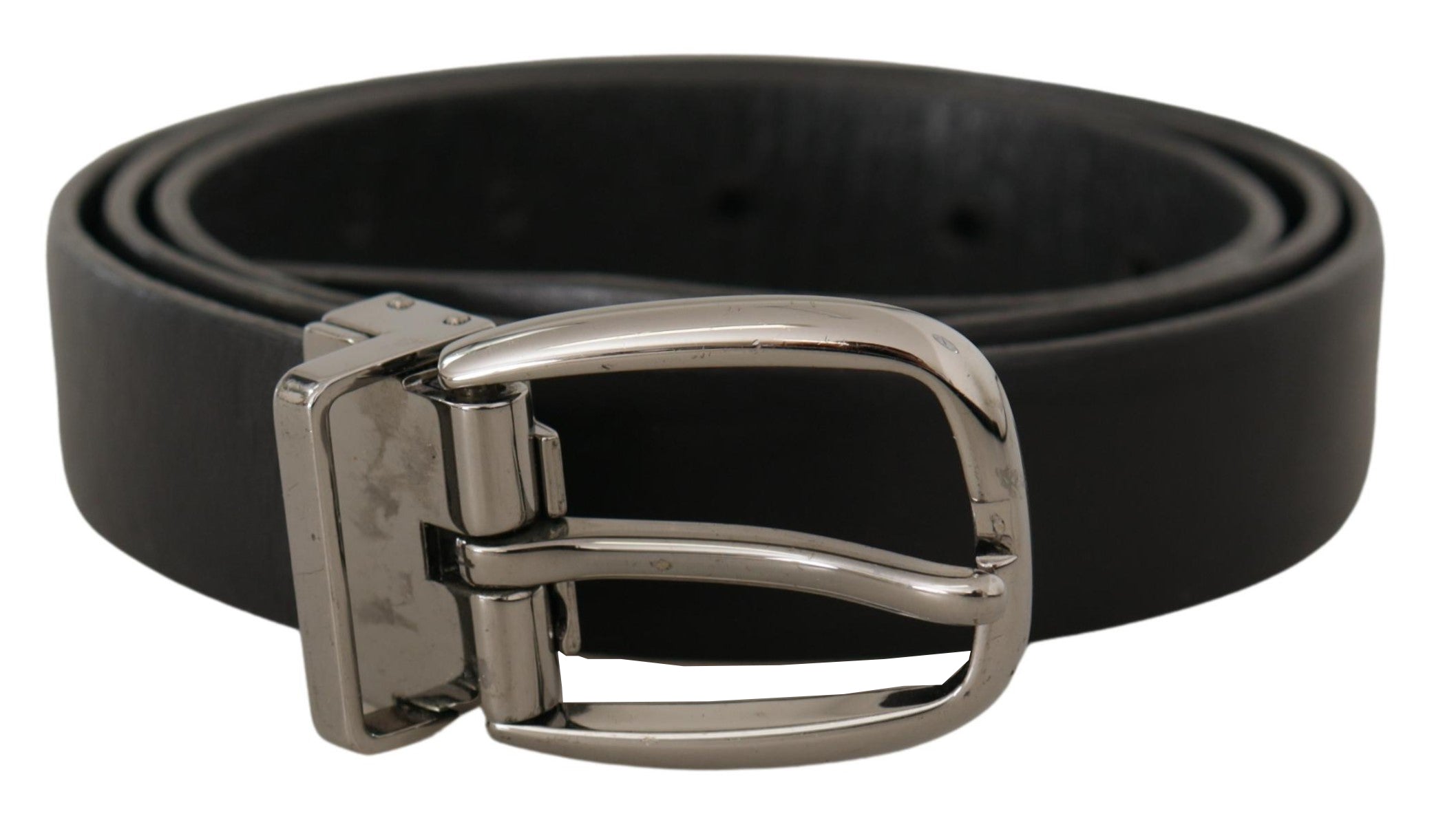 Black leather belt with chrome logo metal buckle from Dolce & Gabbana, featuring sleek design and polished finish.
