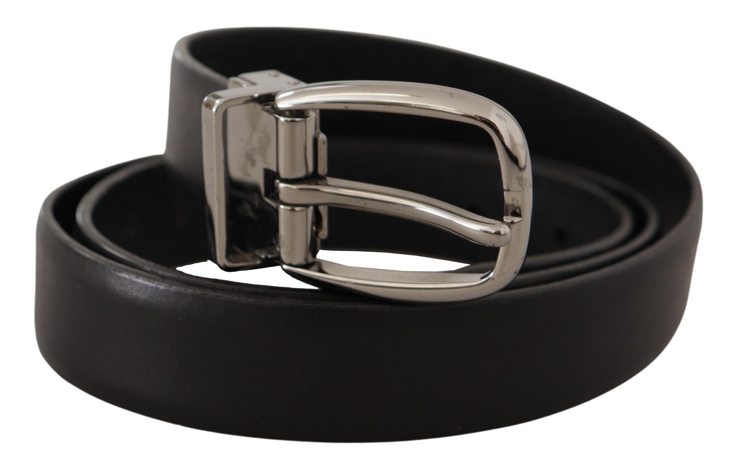 Black leather belt with chrome logo metal buckle by Dolce & Gabbana, featuring a sleek design and polished finish.