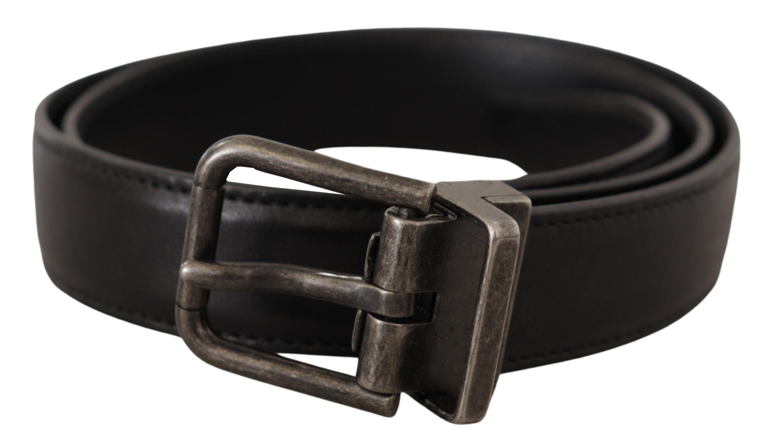 Black calf leather belt with metal logo buckle from Dolce & Gabbana, featuring sleek design and adjustable strap.