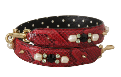 Red exotic leather shoulder strap with crystal embellishments for Dolce & Gabbana bags, featuring luxurious craftsmanship and vibrant design.