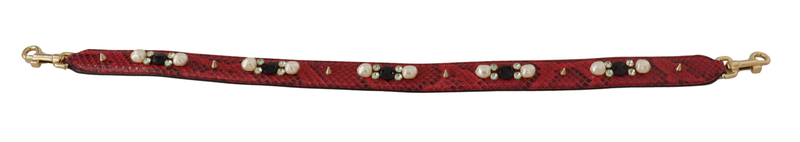 Red exotic leather shoulder strap with crystal accents for Dolce & Gabbana bags, featuring intricate detailing and luxurious craftsmanship.