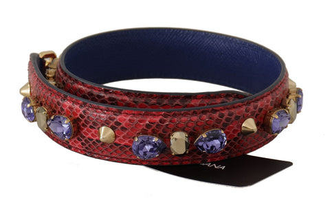 Dolce & Gabbana red exotic leather bag shoulder strap with crystal embellishments, featuring adjustable length and detailed craftsmanship.