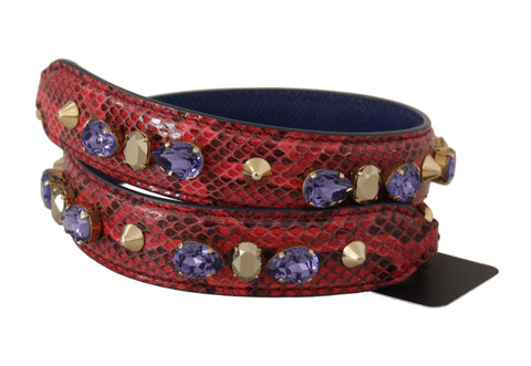 Dolce & Gabbana red exotic leather bag shoulder strap with crystal embellishments, showcasing luxurious craftsmanship and intricate detailing.