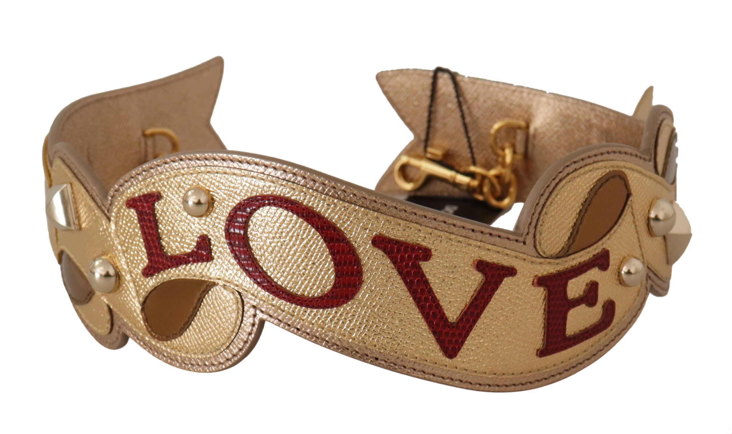Gold leather shoulder strap with LOVE patch for Dolce & Gabbana bags, stylish and adjustable accessory for handbags.