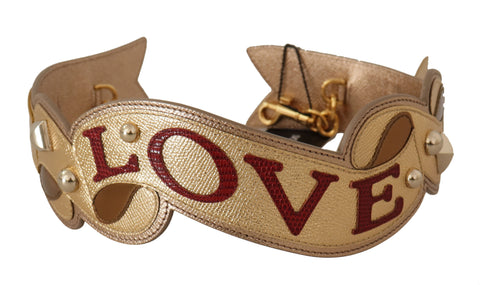 Gold leather shoulder strap with LOVE patch for Dolce & Gabbana bags, stylish and adjustable accessory for handbags.