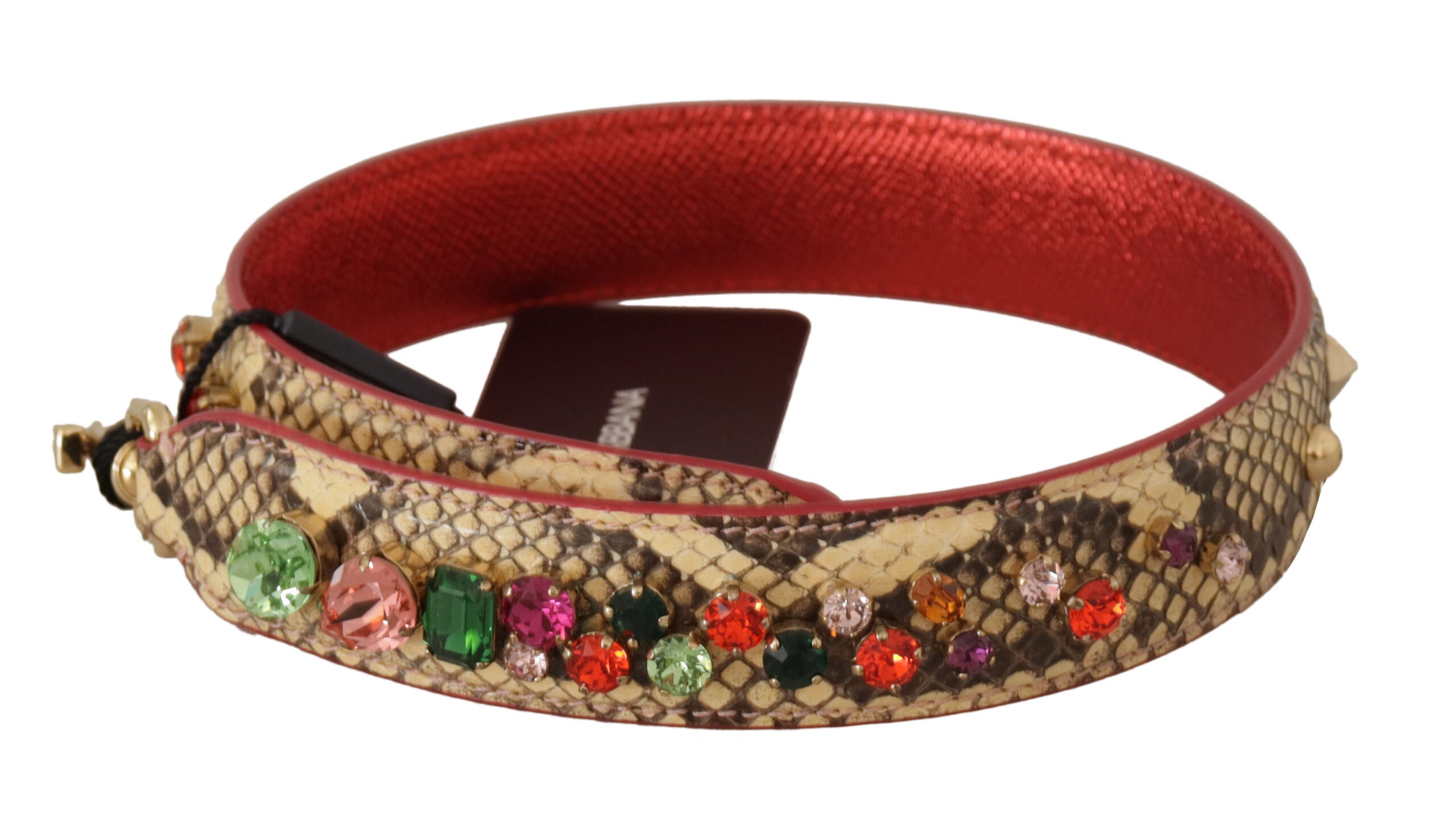 Beige exotic leather shoulder strap with crystal embellishments by Dolce & Gabbana, showcasing intricate detailing and luxurious design.