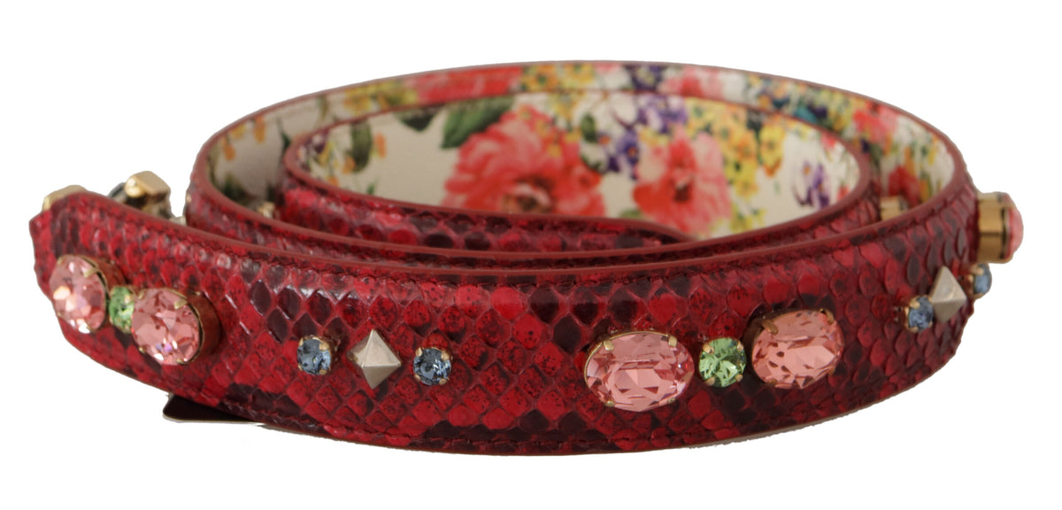 Red exotic leather reversible shoulder strap with crystal embellishments by Dolce & Gabbana, showcasing luxurious craftsmanship and intricate details.