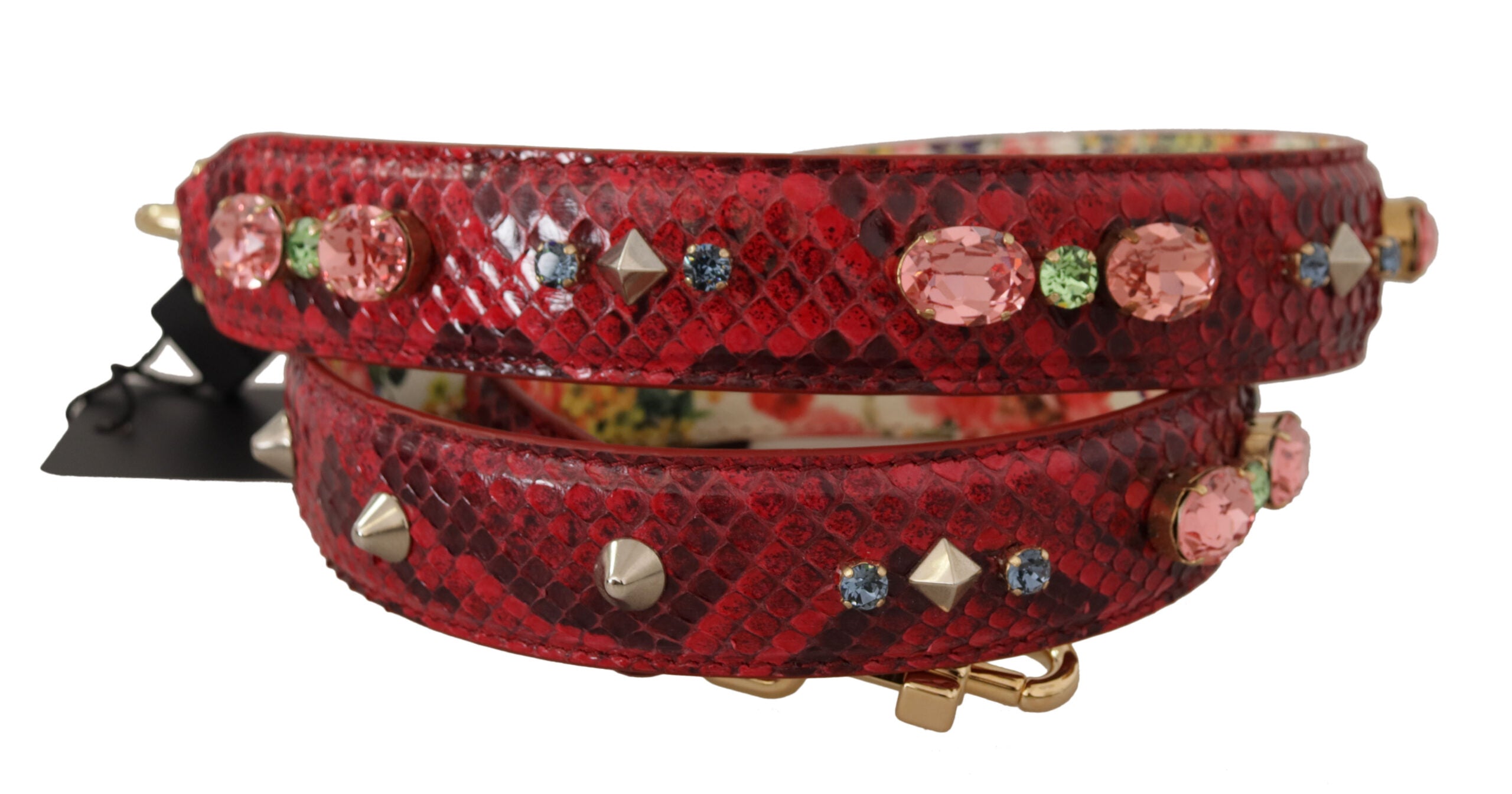 Red exotic leather Dolce & Gabbana reversible shoulder strap with crystal embellishments and adjustable length.