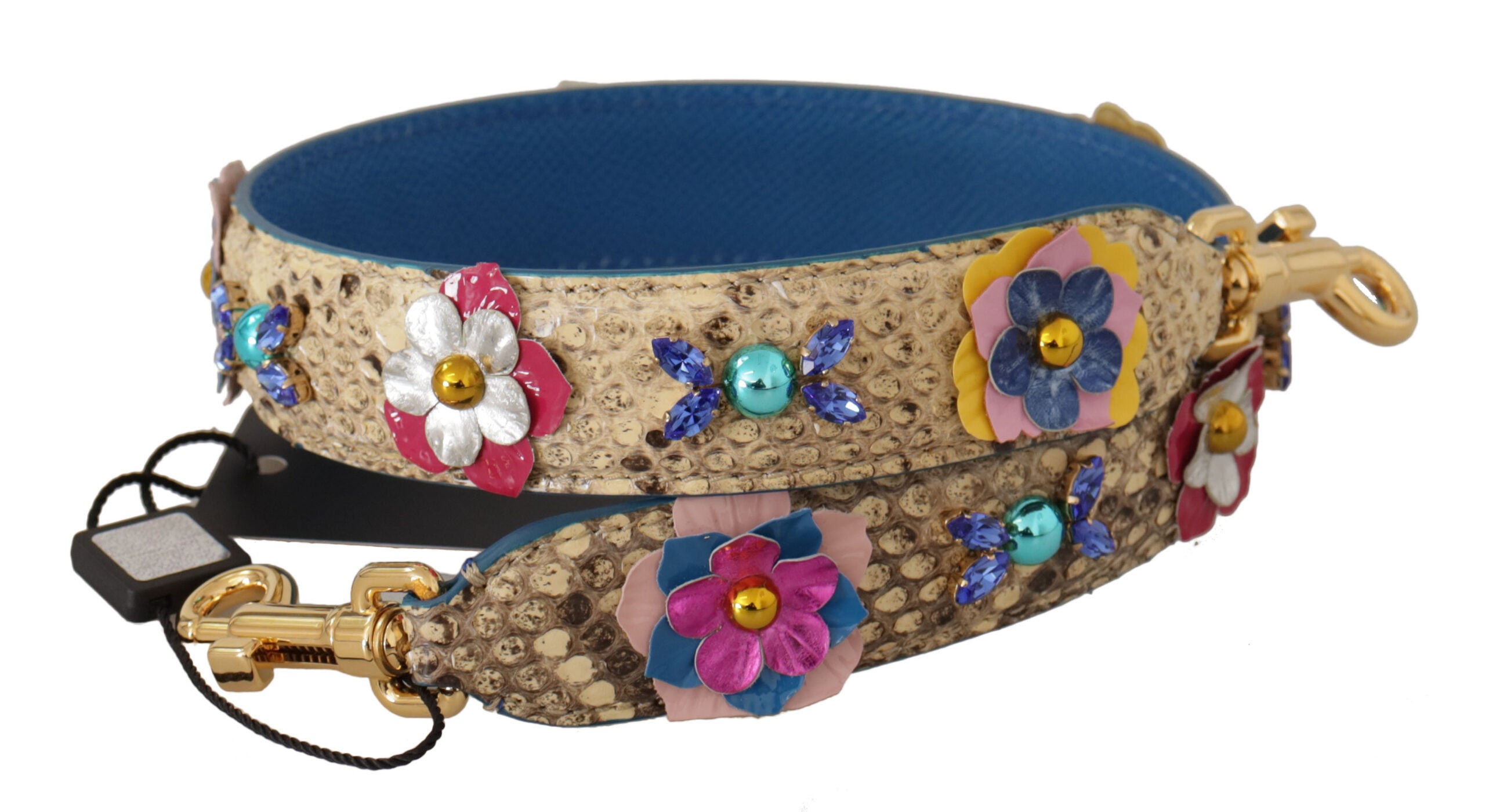 Beige python leather floral studded shoulder strap by Dolce & Gabbana with intricate detailing and gold-tone hardware.