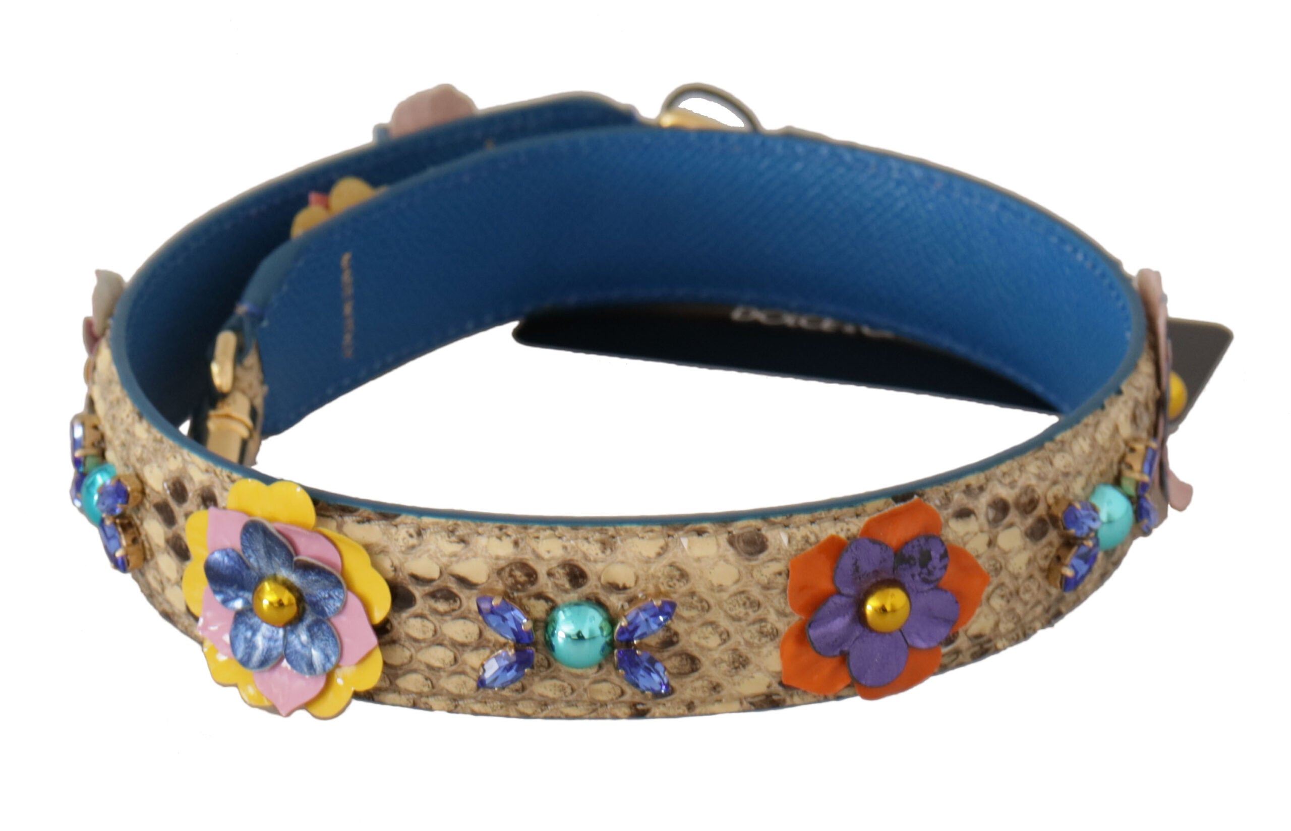 Beige python leather floral studded shoulder strap by Dolce & Gabbana, with detailed floral and stud embellishments.