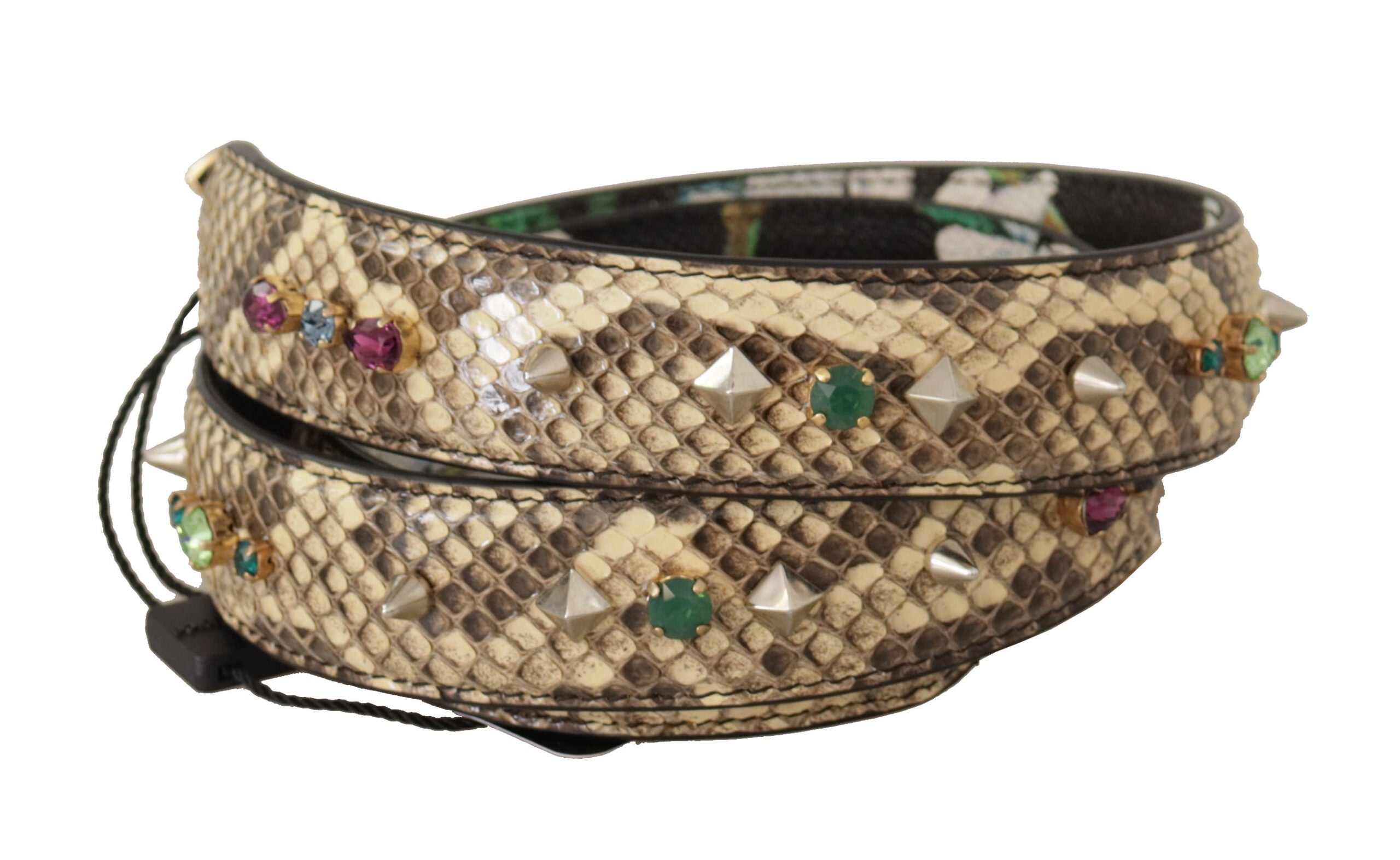 Beige exotic leather Dolce & Gabbana reversible shoulder strap with crystal embellishments, stylish accessory for handbags.