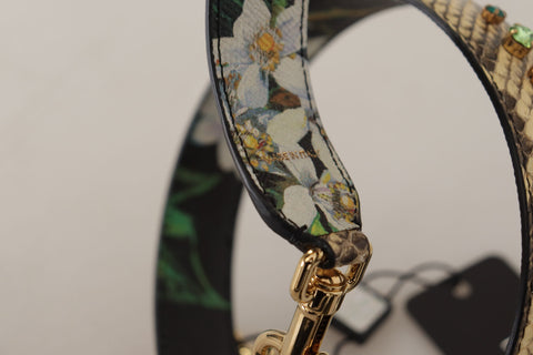 Beige exotic leather Dolce & Gabbana reversible shoulder strap with crystals, featuring detailed craftsmanship and adjustable design.