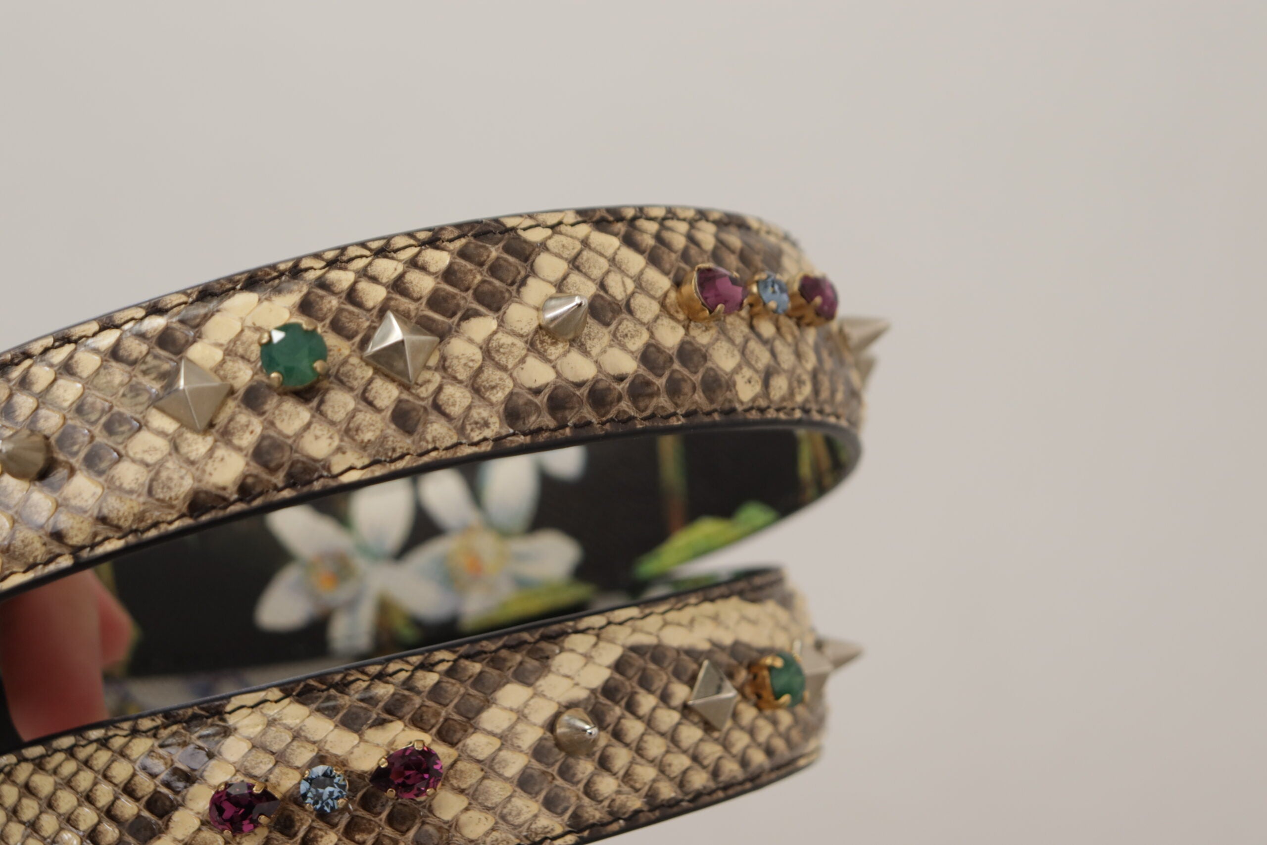 Beige exotic leather Dolce & Gabbana reversible shoulder strap with crystal embellishments, adjustable for versatile use.