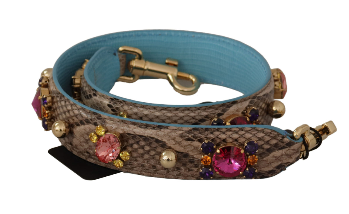 Brown exotic leather shoulder strap with crystal embellishments from Dolce & Gabbana, featuring detailed craftsmanship and luxurious design.