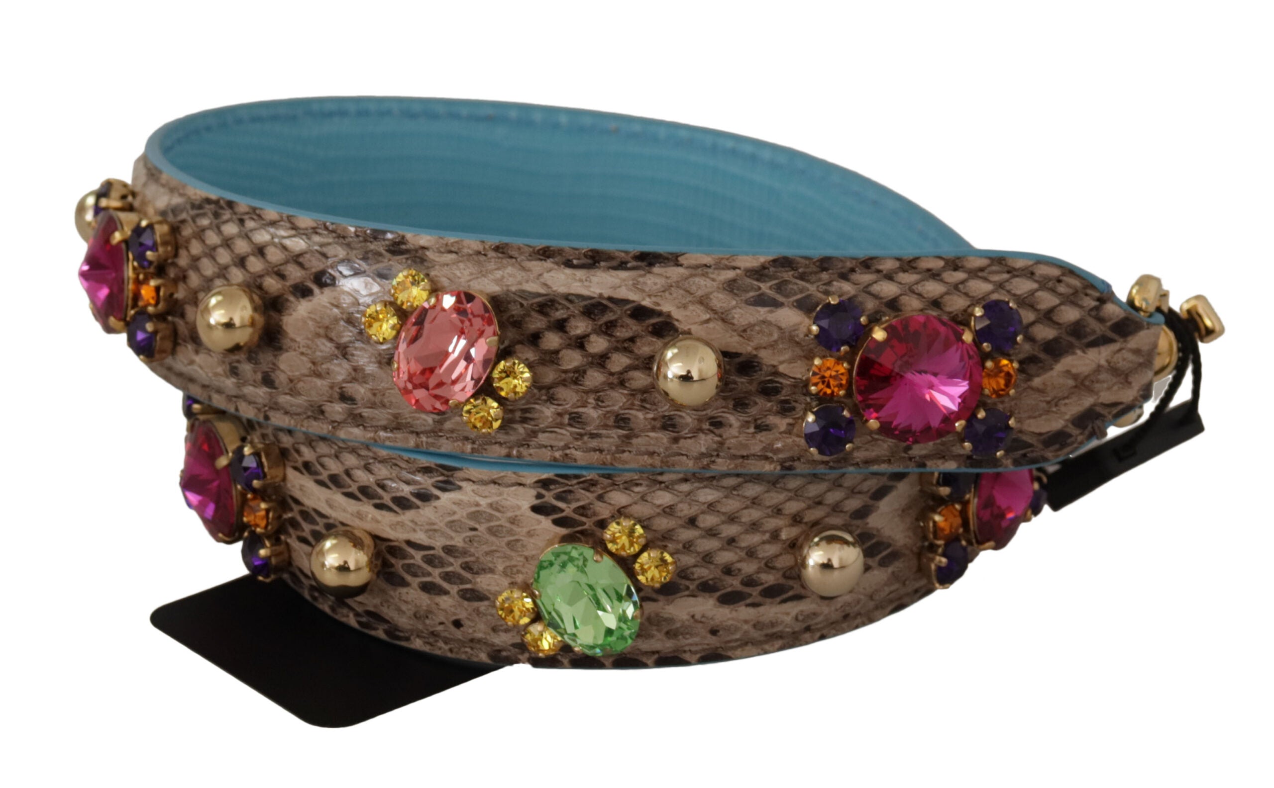 Brown exotic leather shoulder strap with crystal embellishments by Dolce & Gabbana, featuring intricate design and luxurious texture.