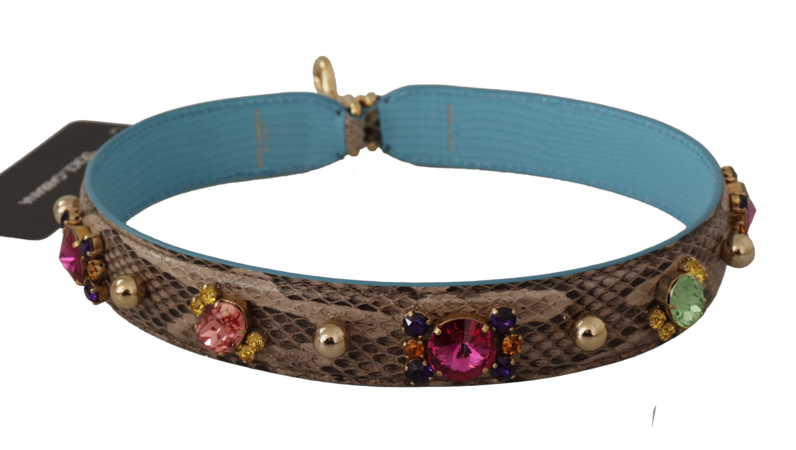 Brown exotic leather shoulder strap with crystal embellishments by Dolce & Gabbana, featuring intricate detailing and luxurious texture.