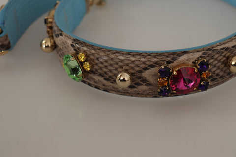 Brown exotic leather shoulder strap with crystals from Dolce & Gabbana, featuring textured leather and sparkling embellishments.