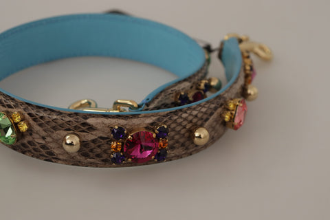 Brown exotic leather shoulder strap with crystal embellishments by Dolce & Gabbana, featuring detailed craftsmanship and luxurious design.